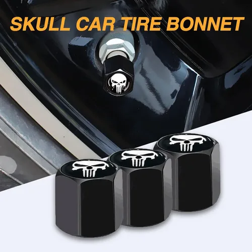 Vista 3 de Ajxn Paquete de 4 tapas de válvula de neumático con calavera para rueda de coche, cubiertas herméticas a prueba de polvo, tapas universales