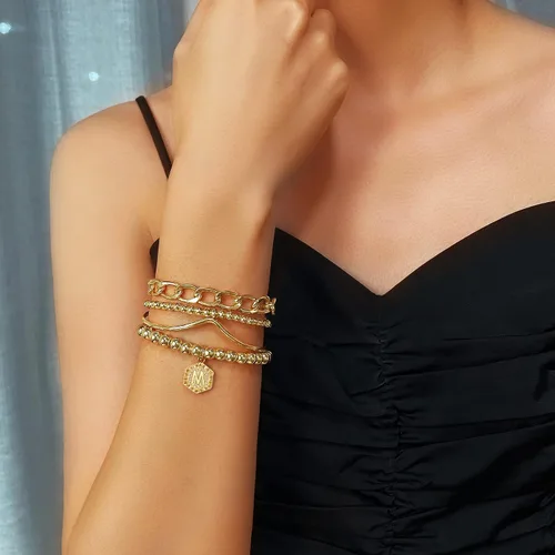 Vista 5 de Elegance 11 designs Pulsera de cuentas apilable chapada en oro de 14 quilates, pulseras elásticas gruesas para mujer, regalo con colgante hexagonal
