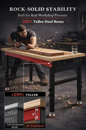 Vista 3 de Banco de trabajo resistente de 70 pulgadas, banco de trabajo de capacidad de carga de 2500 libras con parte superior de madera laminada de 1.2