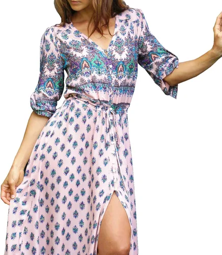 Vista 3 de R.Vivimos - Vestido bohemio a media pierna de verano para mujer con estampado floral, botones, tirantes delgados, cuello en V