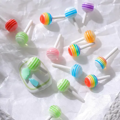 Vista 2 de 50 dijes de uñas de piruleta 3D de arcoíris, accesorios de uñas de caramelo de macarrón de resina para arte de uñas, bricolaje y decoración