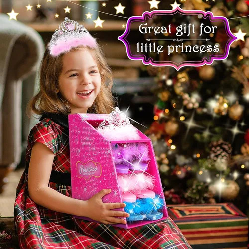 Vista 6 de Juego de regalo de princesa para niñas de 3 a 6 años, juego de zapatos de vestir de princesa que incluye kit de joyería para niños, faldas 3 pares