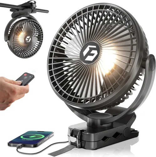 Vista 9 de FRIZCOL Ventilador portátil de 12000 mAh con clip de 8 pulgadas, recargable, funciona con pilas, ventiladores de campamento con luces y control