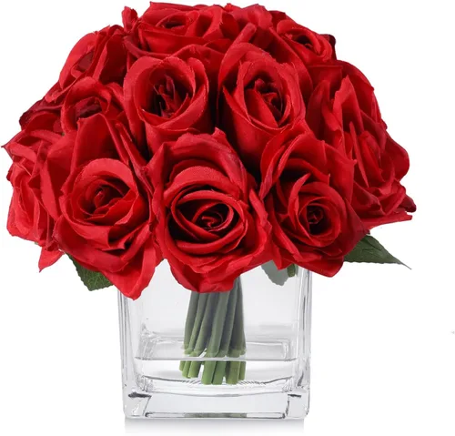 Vista 8 de 18 cabezas de rosas de seda en jarrón, arreglo floral artificial en jarrón con agua falsa para decoración del hogar (rosa)