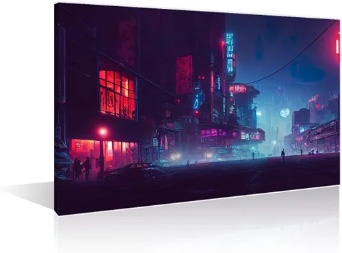 Vista 37 de 1 panel de cuadros de la ciudad de Cyberpunk, arte de pared, representación de vallas publicitarias, edificios modernos en la capital con obras