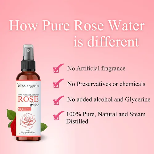 Vista 4 de Blise organic Agua de rosas 100% pura, natural y orgánica, libre de conservantes, destilada al vapor de los mejores pétalos de rosa, sin alcohol