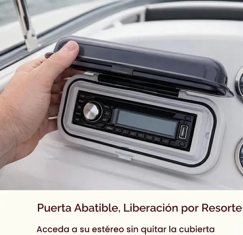 Vista 4 de Cubierta estéreo marina resistente al agua, escudo protector de radio de barco resistente de color humo con puerta abatible y liberación cargada por