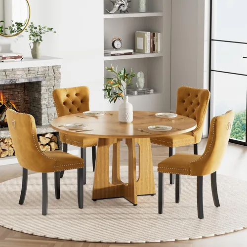 Vista 47 de Mesa de comedor redonda estilo granja para 6, mesa de cocina circular de 47" MDF con acabado de grano de madera, mesa de cocina y comedor de madera