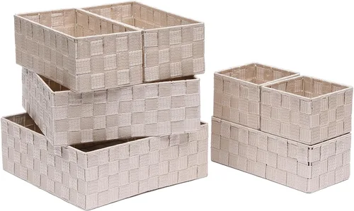 Vista 9 de Juego de 4 cestas de almacenamiento tejidas de polipropileno con marco de metal, cajas de tela apilables para cajones, armario, estante, guardería