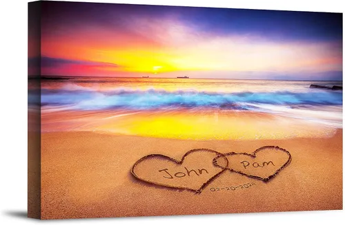 Vista 22 de Corazón y corazón en hermoso amanecer fotos personalizadas únicas o impresiones en lienzo con nombres de pareja y fecha especial en la playa, regalo