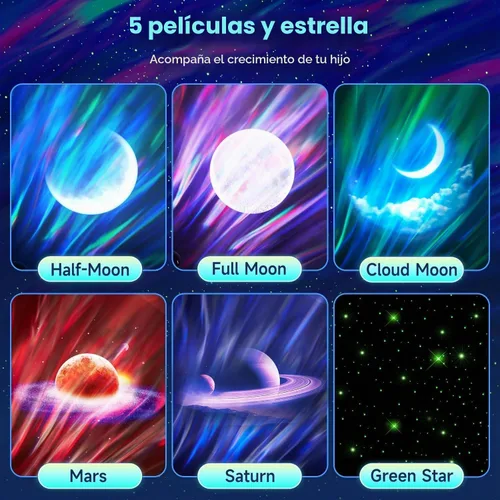 Vista 8 de Proyector de Galaxia Proyector de Auroras Boreales, 180 Iluminación 5 Lunas Proyector de Estrellas Luz de Galaxia, 15 Ruido Blanco y Bluetooth