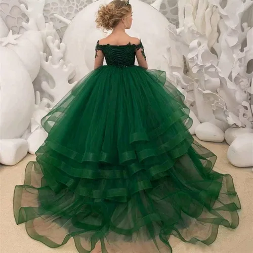 Vista 3 de Vestido de niña de flores de manga larga con apliques de princesa de tul escalonado, vestido de baile para niños, disfraces de fiesta de graduación