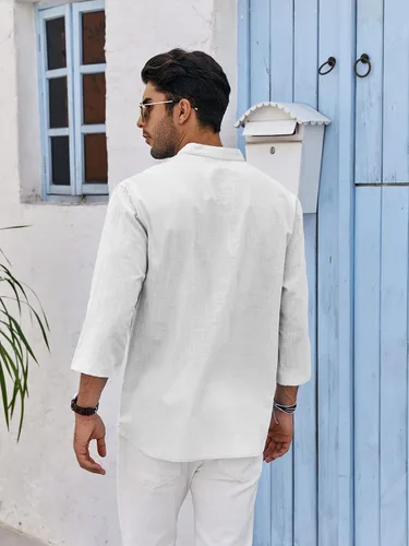 Vista 4 de Mens Linen Cotton Henley Shirts Lightweight Button Up Casual Tees 34 Sleeve Beach Plain Pullover V Neck Summer Tops