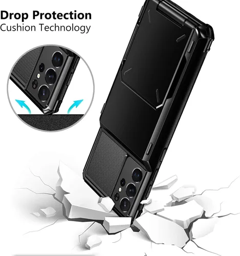 Vista 5 de Vofolen Funda tipo cartera para Galaxy S21 Ultra con 4 tarjetas, tarjetero con ranura para tarjeta de crédito, bolsillo trasero, doble capa, Negro