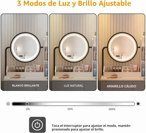 Vista 4 de Vabches Tocador de maquillaje con espejo redondo y luces, mesa de maquillaje blanca con estación de carga, mesa de tocador pequeña para dormitorio