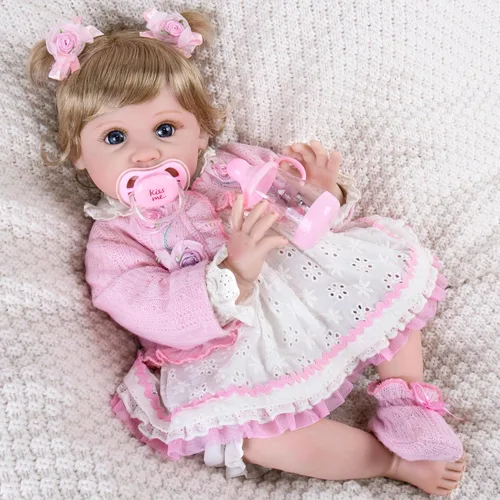 Vista 2 de Aori Muñecas Reborn de 22 pulgadas – Muñeca de bebé realista para niños de 3 años en adelante – Bebé recién nacido realista con traje rosa – Cuerpo