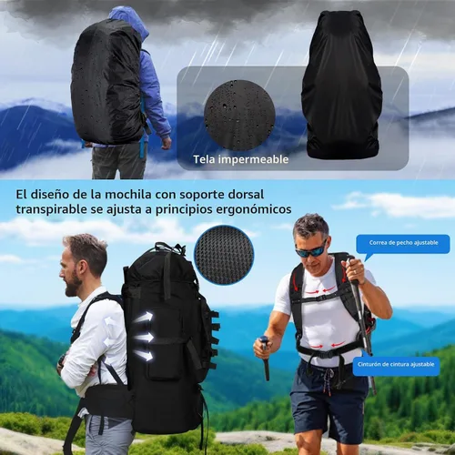 Vista 5 de Mochila de senderismo para acampar de 70 litros con cubierta de lluvia, mochila Molle impermeable para hombres, mochila para trekking, escalada al