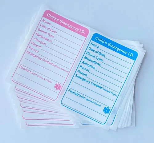 Vista 2 de 2.5 x 4 pulgadas, 20 unidades de calcomanías para bebés en caso de emergencia, contacto de emergencia para niños, asiento de automóvil, alerta