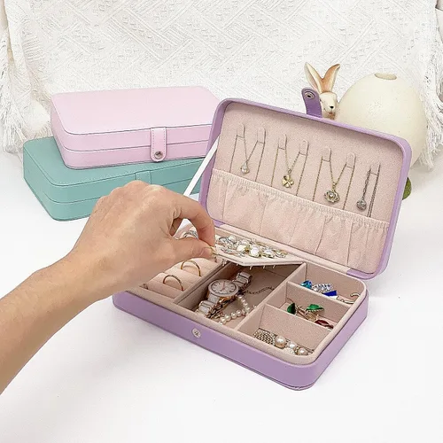 Vista 6 de Joyero de viaje, mini organizador portátil con cremallera, de piel sintética sintética, pequeñas cajas de almacenamiento para anillos, aretes