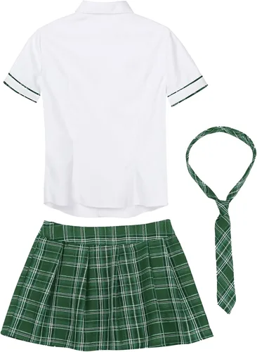 Vista 5 de Moily Women's Cosplay Uniforms Short Sleeve Lapel Collar Shirts Blouses with Pleated Skirt and Tie Verde
