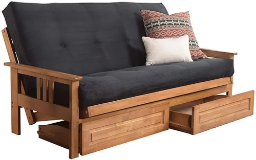 Vista 6 de Maykoosh Marco de futón completo de refinamiento rústico con cajones de almacenamiento, blanco antiguo/bronceado, madera dura clásica con brazos