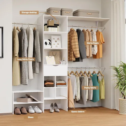 Vista 6 de Sistema organizador de armario de madera, organizador de armario con 3 varillas para colgar y 1 cajón de madera, sistema de armario ajustable