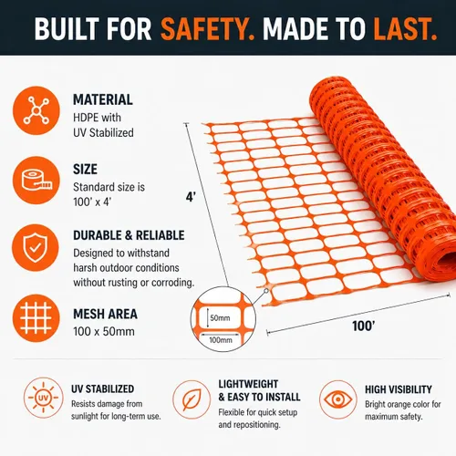 Vista 3 de ATERET Valla de seguridad de plástico de 4 pies x 100 pies, rollo de valla temporal naranja, valla de plástico resistente para construcción, valla