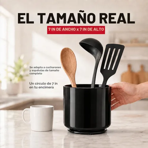 Vista 5 de Cooler Kitchen Portautensilios Jumbo Extra Grande Resistente Giratorio Negro con Base Pesada Antivuelco e Inserto con Agarre - A Prueba de Óxido