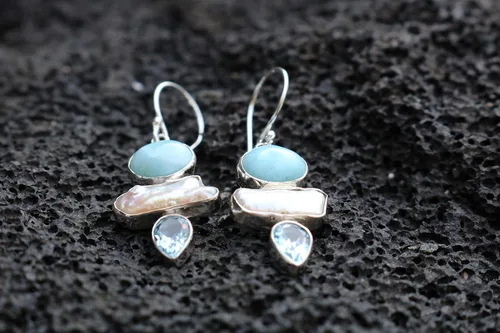 Vista 4 de Pendientes Larimar Pearl Blue Topacio. Plata de Ley.