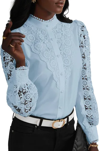 Vista 27 de Rooscier Blusa Elegante de Encaje de Crochet con Cuello Alto Simulado de Manga Larga con Botones para Mujer Top