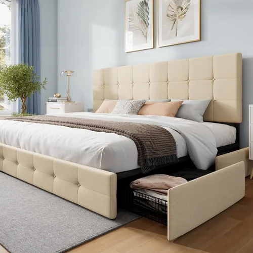 Vista 17 de WEEWAY Base de cama de plataforma de tamaño matrimonial con 4 cajones de almacenamiento, cabecera capitonada con botones de costura de diamante