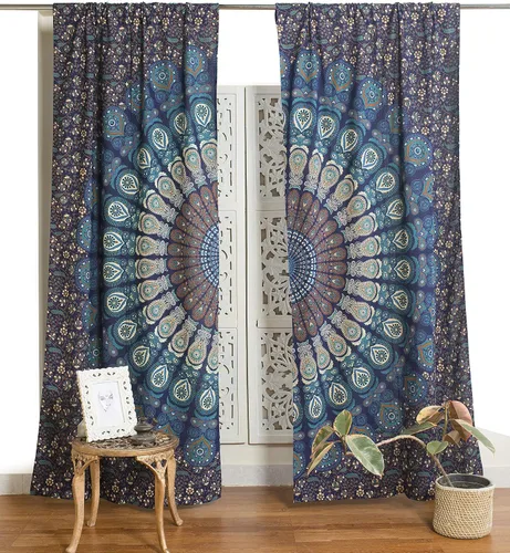 Vista 21 de Popular Handicrafts - Paneles de cortina estilo Indio Hippie Bohemio Hermosa Mandala Multicolor Azul Pavo Real