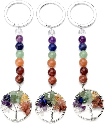 Vista 4 de Jovivi Llavero con colgante de árbol de la vida con piedras preciosas de 7 chakras, cristales curativos, cuentas de piedra caída, llavero