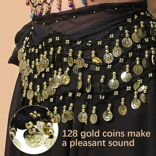 Vista 5 de Bufandas para la cadera de danza del vientre, faldas onduladas para mujer, envueltas con 128 monedas de oro, 11