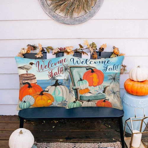 Vista 4 de 4 fundas de almohada de otoño de bienvenida, decoración de otoño, decoración costera de playa, estrella de mar, calabaza, granja, decoración