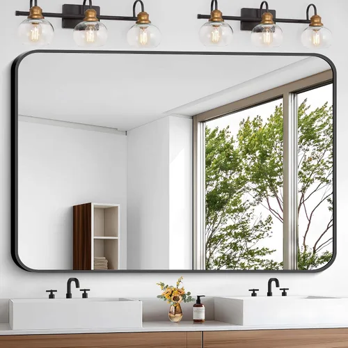 Vista 15 de Espejo de baño negro, espejos cuadrados de 18 x 18 pulgadas para pared, marco de metal, espejo de tocador de esquina redondeada para sobre