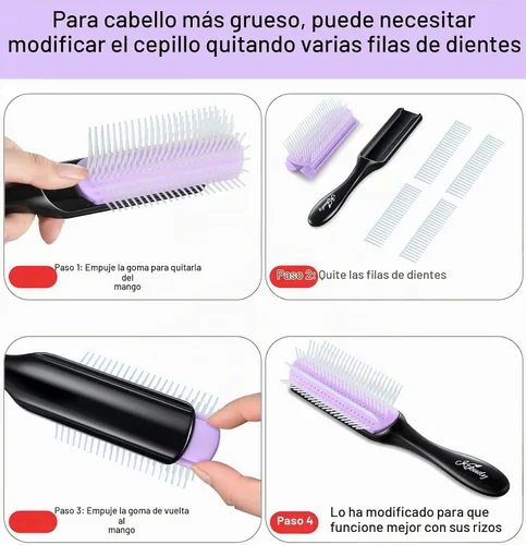 Vista 4 de Cepillo de pelo rizado para desenredar, peinar y definir rizos y ondas, 9 filas Negro / Púrpura