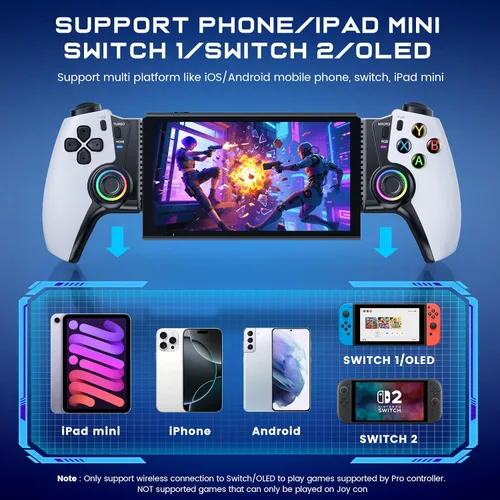 Vista 3 de Controlador de teléfono inalámbrico para iPhone/Android/Switch 1/2/OLED/iPad Mini con Hall Joystick, controlador de juegos móvil LED para iOS