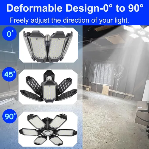 Vista 4 de Luces LED de garaje, 180 W, 18000 lúmenes, luz de techo de garaje deformable con 6+1 paneles ajustables, base E26/E27 6500 K, luz diurna LED