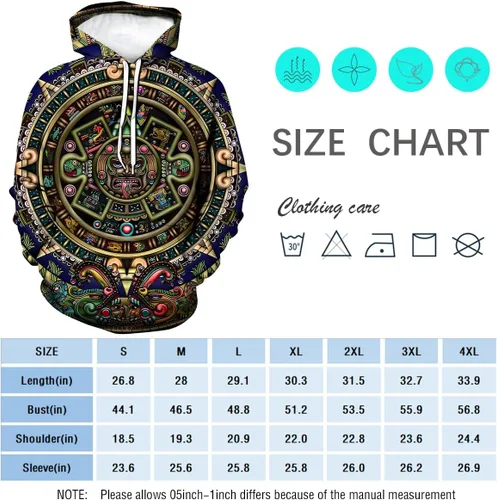 Vista 4 de LAOLIUSN Sudadera con capucha azteca para hombre con diseño de tótems mayas con estampado mexicano