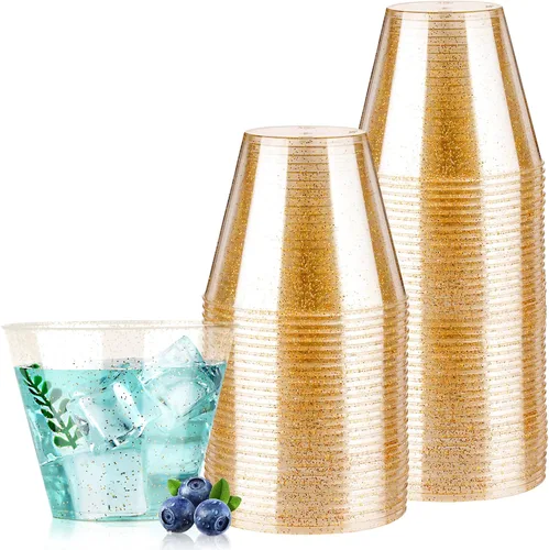 Vista 13 de Goodluck 50 vasos de plástico con purpurina dorada de 10 onzas, vasos desechables con purpurina, elegantes vasos de cóctel de plástico, vasos