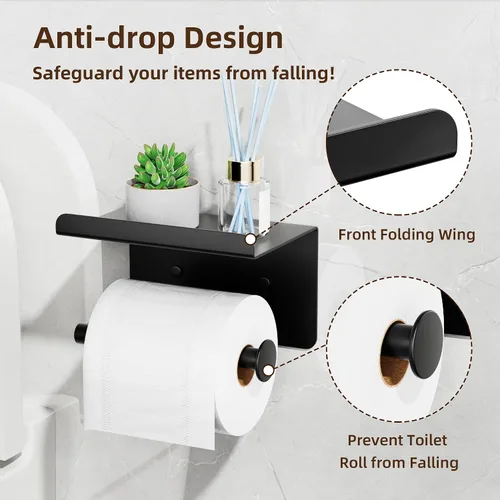 Vista 5 de Soporte de papel higiénico adhesivo con estante para teléfono, soporte de papel higiénico montado en la pared, soporte de rollo de papel higiénico