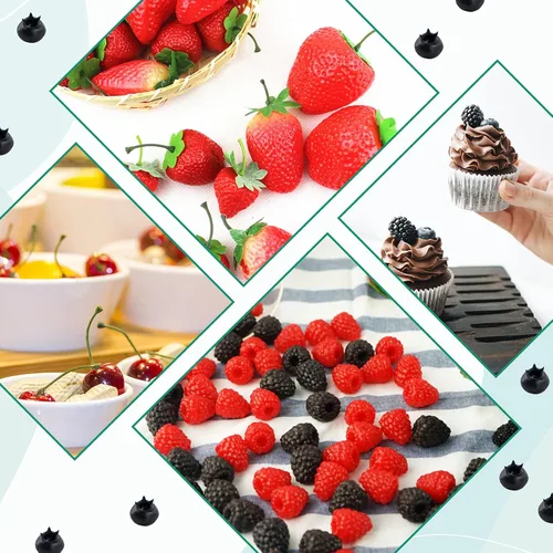 Vista 4 de 52 piezas de frutas artificiales falsas, incluye fresas falsas, arándanos falsos, frambuesas falsas, cerezas falsas, reutilizables, impermeables