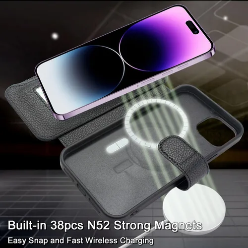 Vista 4 de Harryshell Funda compatible con iPhone 15 Pro con carga inalámbrica MagSafe con 3 ranuras para tarjetas, bolsillo con cremallera, bolsillo