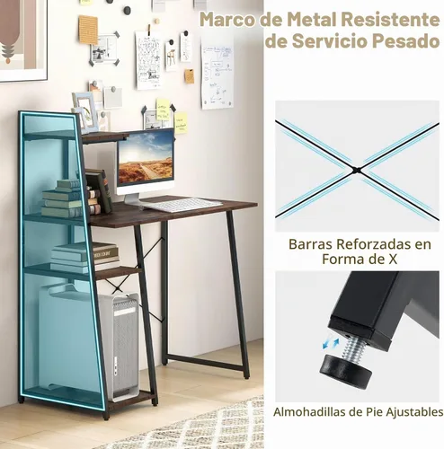 Vista 4 de COSTWAY Escritorio para computadora con estantes de almacenamiento de 4 niveles, mesa de escritorio de oficina en casa con marco resistente