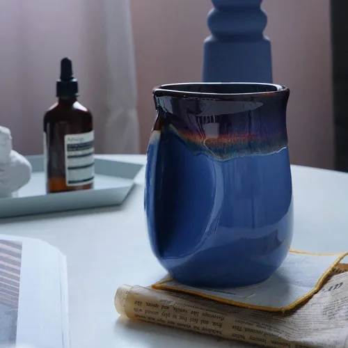 Vista 25 de Selamica - Taza de porcelana de 18 onzas con calentador de manos para diestros, taza de café, taza de té para familiares y pareja - Azul