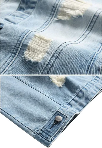 Vista 5 de RANMCC Chaqueta de mezclilla para hombre, chaqueta vaquera rasgada ajustada