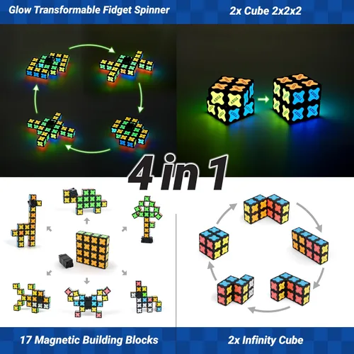 Vista 6 de TOSY Spinner Fidget Magnético que Brilla - 16 Bloques, Juguete 3 en 1: Spinner Fidget Transformable, Cubo Infinito/Rompecabezas, Brillante, Rellenos