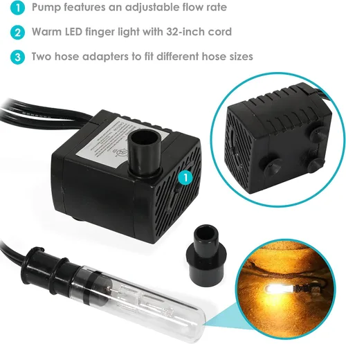 Vista 2 de Bomba sumergible de fuente Sunnydaze 70GPH con luz de dedo y transformador 24V Small Fountain Pump with Adjustable Flow, Hose Adapters, 6' Cord