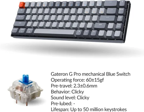 Vista 6 de Teclado mecánico Keychron K6 65% compacto de 68 teclas, teclado inalámbrico para juegos con retroiluminación RGB, Bluetooth 5.1/USB-C con cable